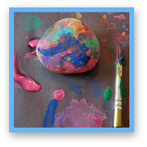 Introduced my daughter to rock painting with our acrylic paint. She of course wanted to use every color and made a pretty multi-color pattern. Next time we will try animals or faces on the rocks.